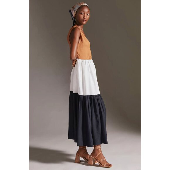 Anthropologie En Saison V-Neck Colorblock Maxi Dress Brown White Navy Medium - Picture 6 of 15